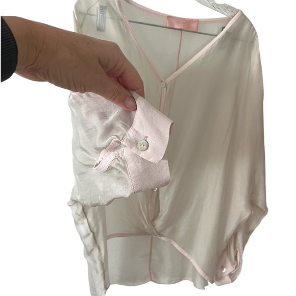 Scandal Silk Blend Pink and Cream V Neck Oversized Blouse Tunic Sheer Flowy Lg - Picture 2 of 14